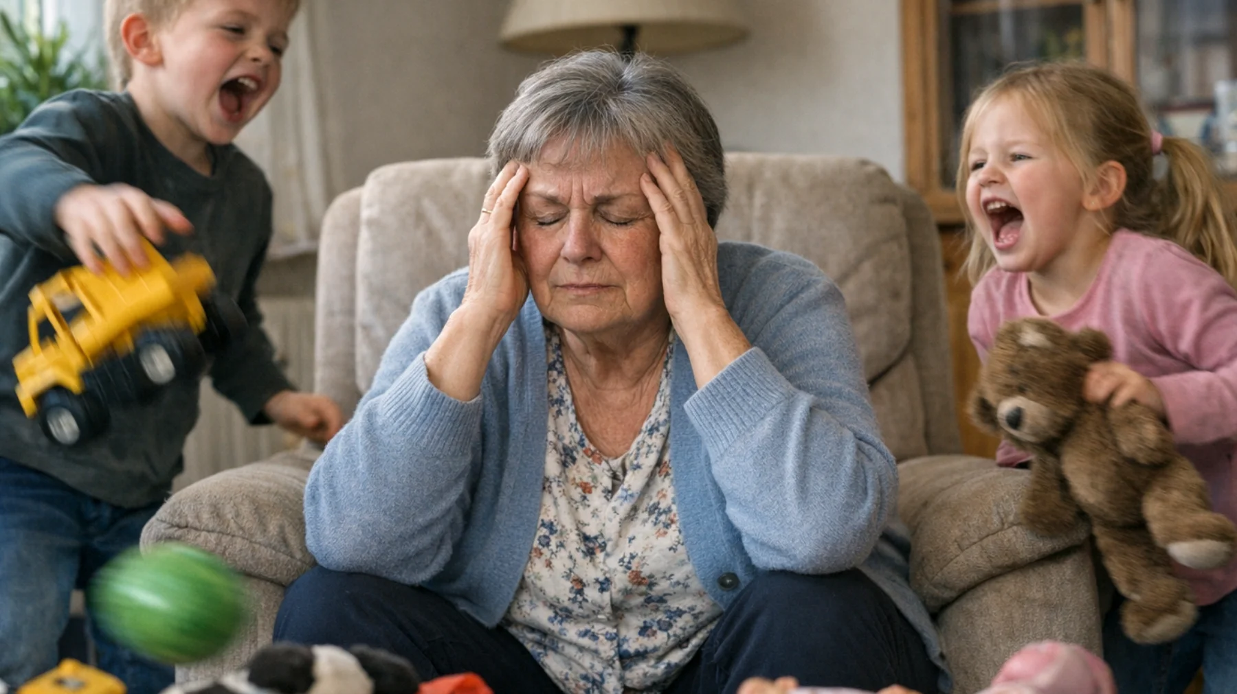 Die Oma erlebt zunehmend impulsive Ausbrüche und rebellisches Verhalten ihrer Enkelkinder. Die Kinder verweigern Anweisungen, reagieren mit Wutanfällen auf Grenzen und zeigen ein systematisch oppositionelles Verhalten gegenüber der Großmutter, was sie emotional erschöpft und hilflos fühlen lässt."