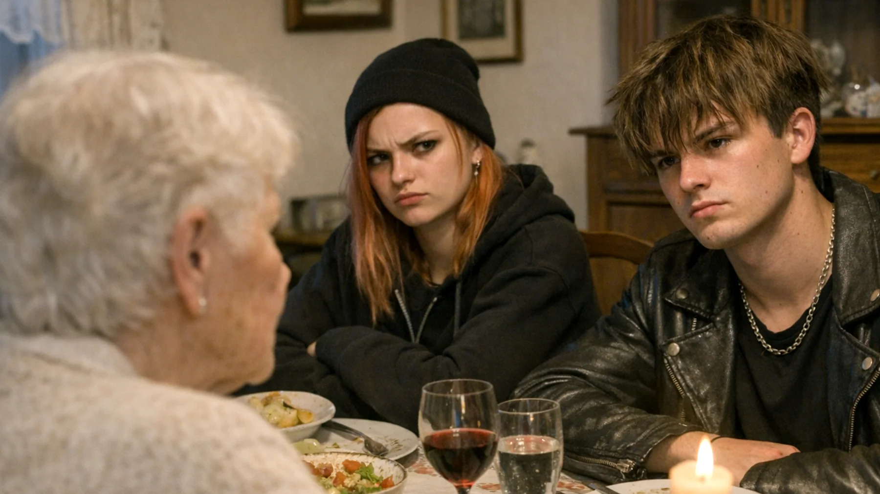 Die Oma erlebt einen tiefen Konflikt mit ihren Enkelkindern, da ihre traditionellen Werte und Erziehungsvorstellungen stark von den modernen Ansichten der Kinder abweichen. Sie besteht auf Respekt, Tischmanieren und festen Familienritualen, während die Enkelkinder diese Regeln als veraltet und unnötig empfinden und sich offen dagegen wehren."