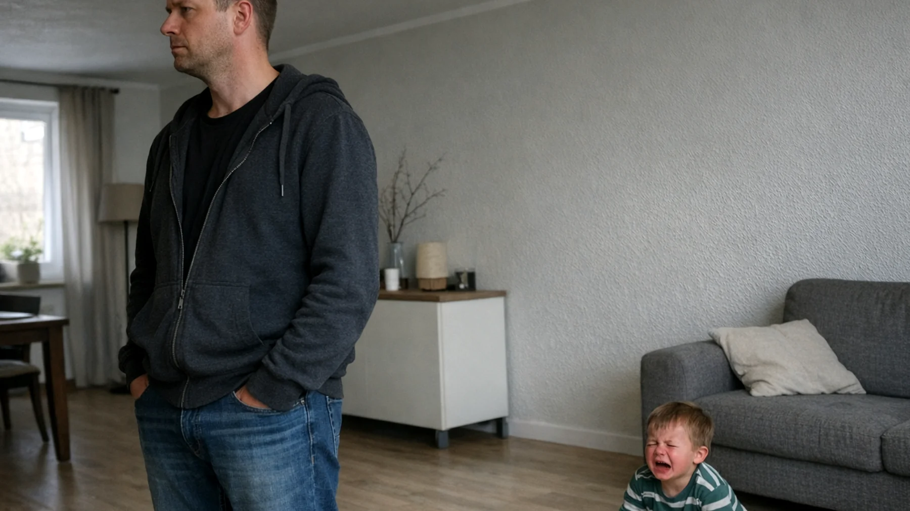 Der Vater fühlt sich überfordert und hilflos, wenn seine Kinder intensive Emotionen wie Weinen, Wutausbrüche oder Angst zeigen. Er weiß nicht, wie er angemessen reagieren soll – manchmal reagiert er zu streng, manchmal ignoriert er die Emotionen vollständig, in der Hoffnung, dass sie von selbst verschwinden. Dies führt dazu, dass die Kinder sich unverstanden fühlen und lernen, ihre Gefühle zu unterdrücken oder noch intensiver auszudrücken, um Aufmerksamkeit zu bekommen."